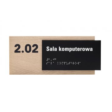 Plakette mit beliebigem Text und Braille-Schrift - Eichenfurnierplatte und matt-schwarzes Acryl - Abmessungen 262x118mm - TAB401
