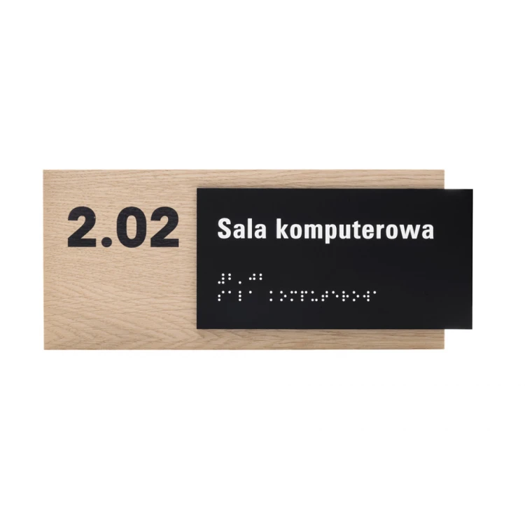 Plakette mit beliebigem Text und Braille-Schrift - Eichenfurnierplatte und matt-schwarzes Acryl - Abmessungen 262x118mm - TAB401