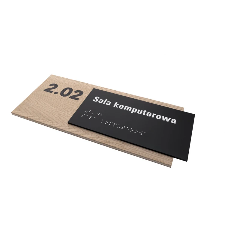 Plakette mit beliebigem Text und Braille-Schrift - Eichenfurnierplatte und matt-schwarzes Acryl - Abmessungen 262x118mm - TAB401