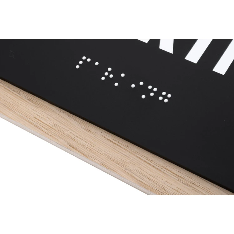 Plakette mit beliebigem Text und Braille-Schrift - Eichenfurnierplatte und matt-schwarzes Acryl - Abmessungen 262x118mm - TAB401