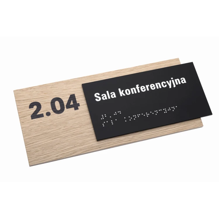 Plakette mit beliebigem Text und Braille-Schrift - Eichenfurnierplatte und matt-schwarzes Acryl - Abmessungen 262x118mm - TAB401