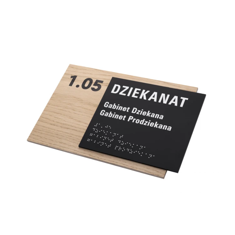 Plakette mit beliebigem Text und Braille-Schrift - Eichenfurnierplatte und mattes schwarzes Acryl - Abm. 262x182mm - TAB406