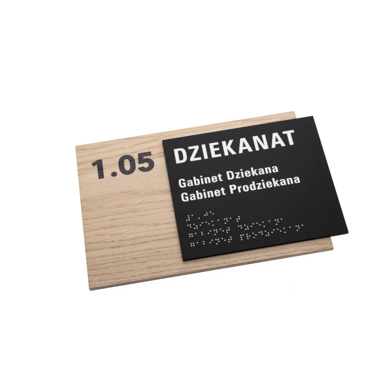 Plakette mit beliebigem Text und Braille-Schrift - Eichenfurnierplatte und mattes schwarzes Acryl - Abm. 262x182mm - TAB406