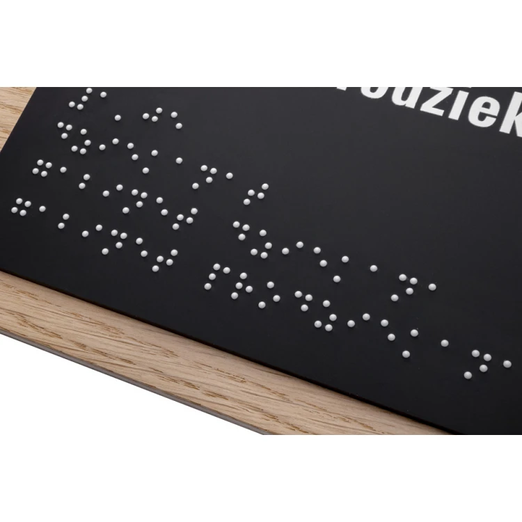 Plakette mit beliebigem Text und Braille-Schrift - Eichenfurnierplatte und mattes schwarzes Acryl - Abm. 262x182mm - TAB406