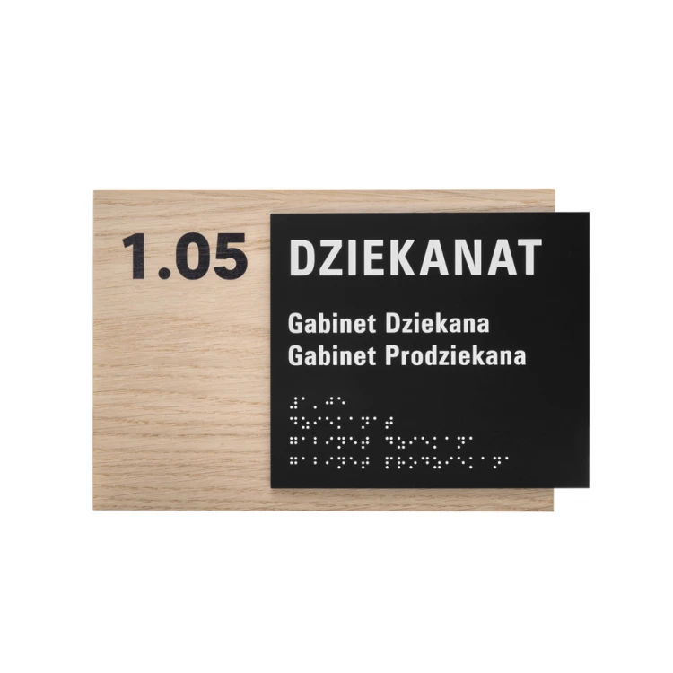 Plakette mit beliebigem Text und Braille-Schrift - Eichenfurnierplatte und mattes schwarzes Acryl - Abm. 262x182mm - TAB406
