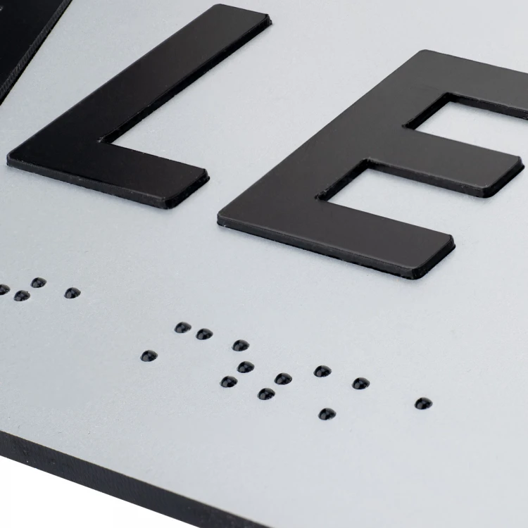 Tafel mit erhabenen Buchstaben und Braille-Schrift - Damen Toilette - Silbernes Laminat - Abmessungen 295x100mm - TAB504