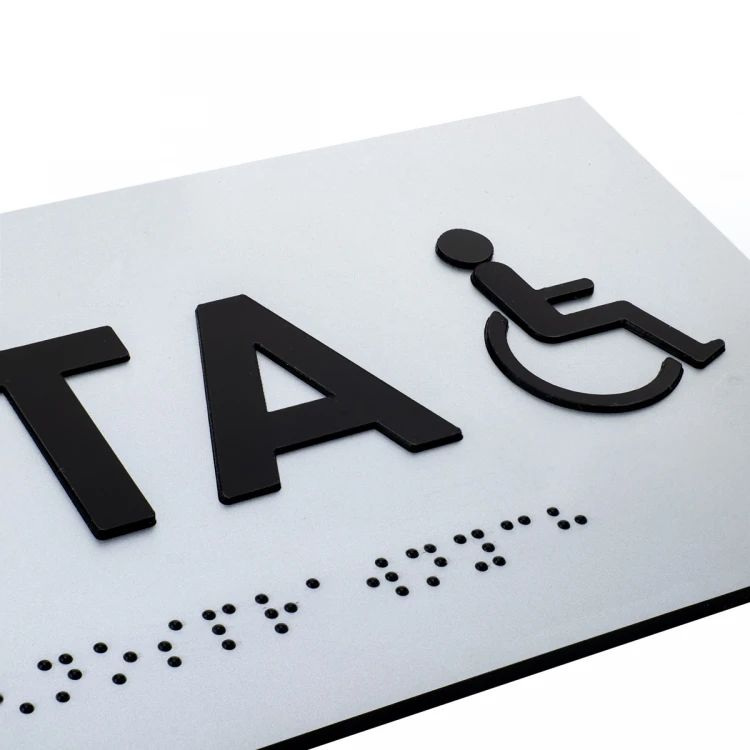 Tafel mit erhabenen Buchstaben und Braille-Schrift - Behindertentoilette - Silberlaminat - Abmessungen 295x100mm - TAB506