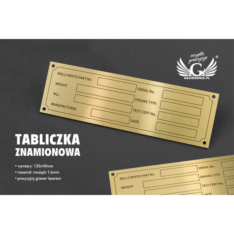 Typenschild für Maschinen und Geräte - Messing - Größe 130x40mm - TZN030