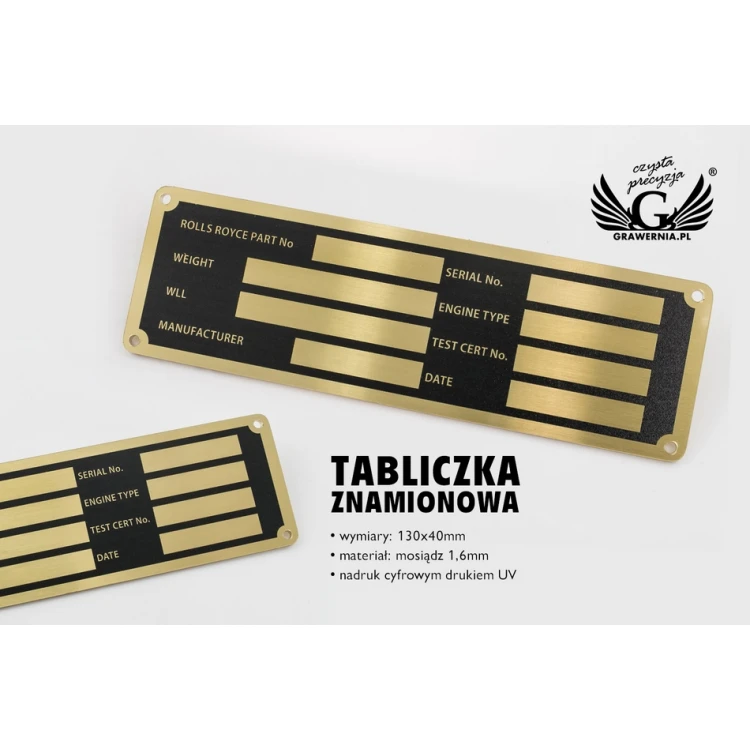 Typenschild für Maschinen und Geräte - Messing mit UV-Druck - Abm. 130x40mm - TZN032