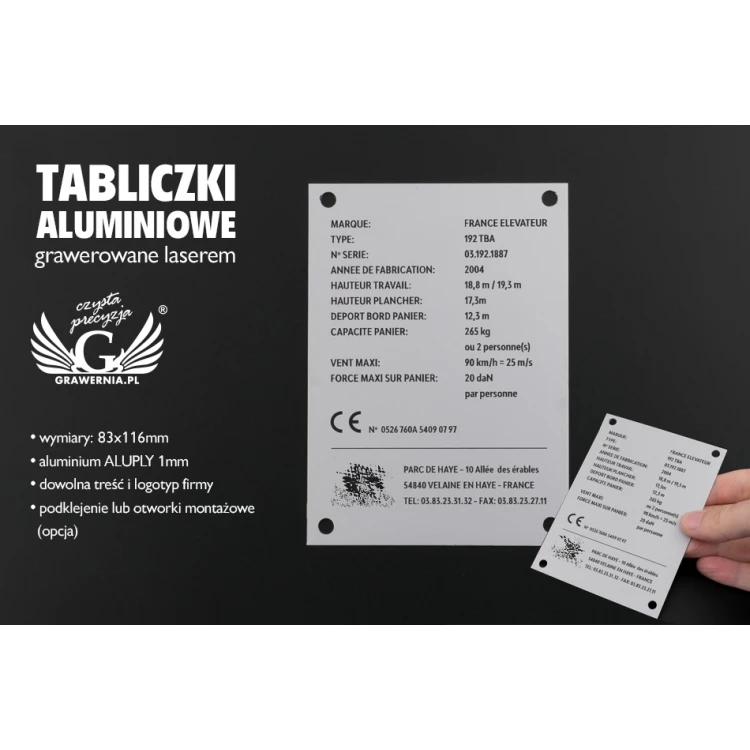 Gravierte Typenschild aus Aluply Aluminium - Größe 83x116mm - TAB086