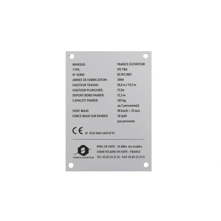 Gravierte Typenschild aus Aluply Aluminium - Größe 83x116mm - TAB086