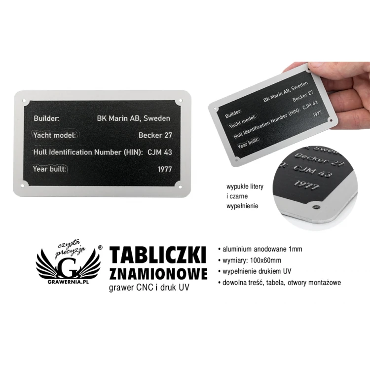 Namensschild aus silbernem Aluminium - CNC-Gravur und UV-Druck - Abmessungen: 100x60mm - TZN042