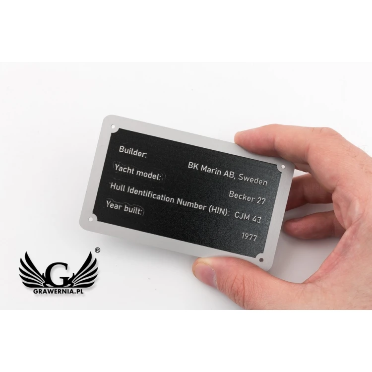 Namensschild aus silbernem Aluminium - CNC-Gravur und UV-Druck - Abmessungen: 100x60mm - TZN042