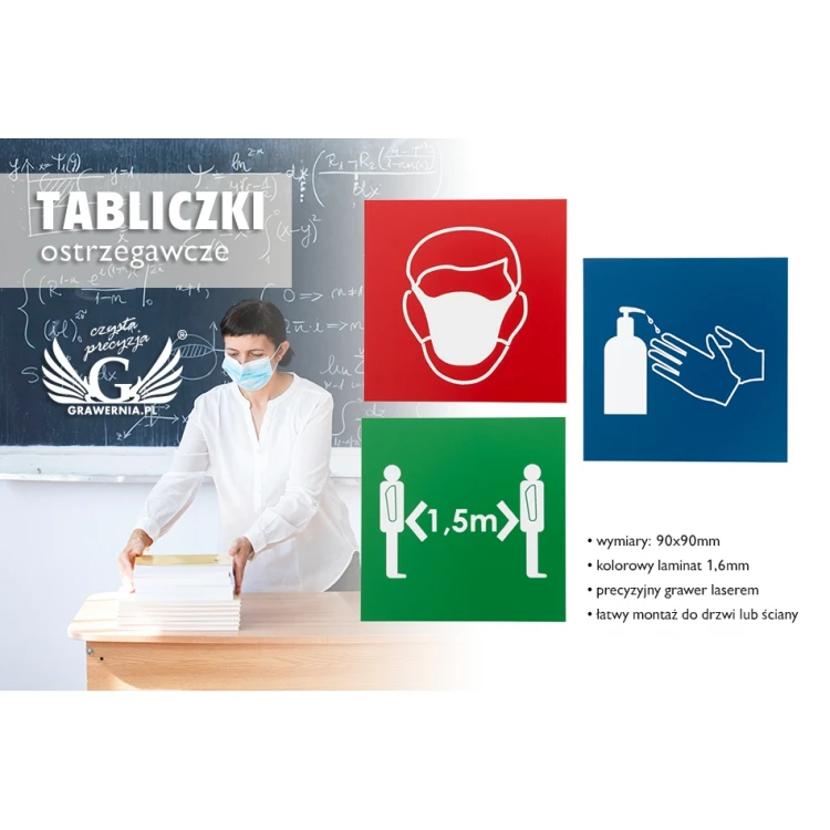 Informationsplatte aus Laminat - zur Auswahl: Maske, Abstand, Desinfektion - Größe 90x90mm - TAB108