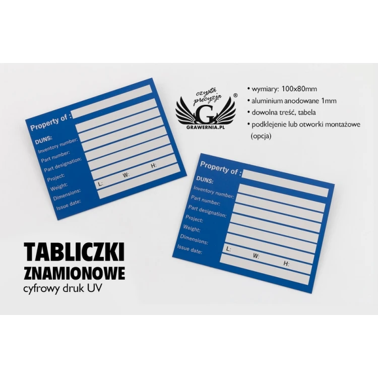 Namensschilder - eloxiertes Aluminium - unverwüstlicher Druck - Abmessungen 100x80mm - TZN038