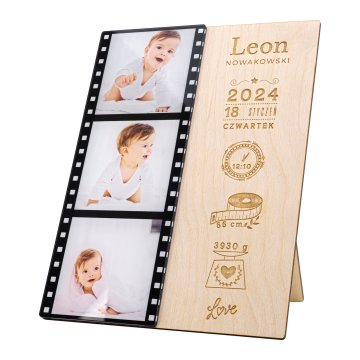 Namensschild aus Holz mit Fotos - Lasergravur - Abmessungen 150x200mm - MET011