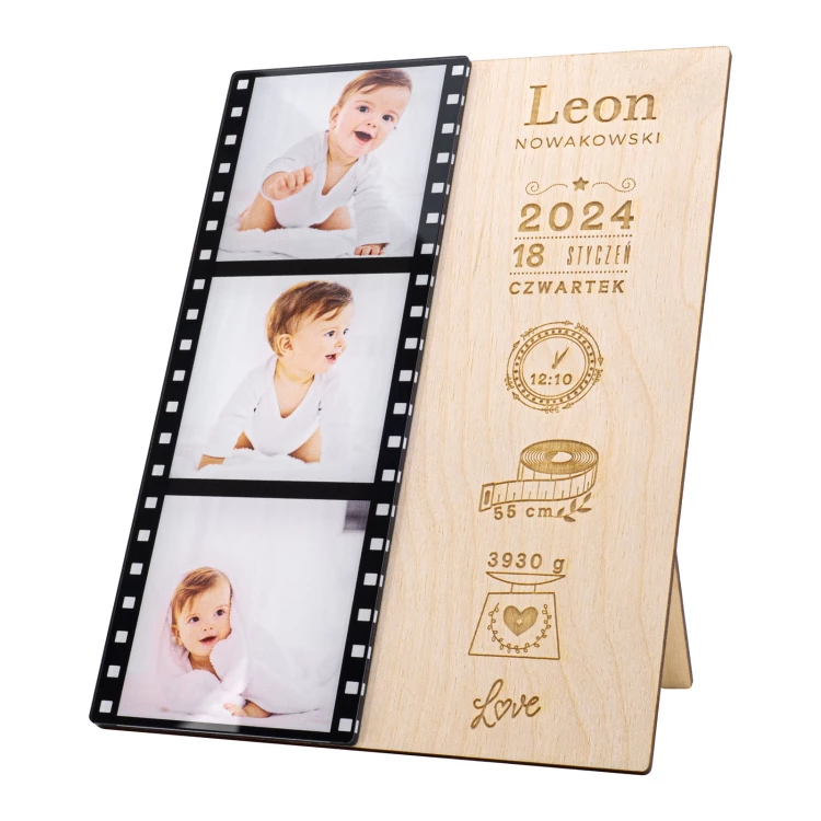 Namensschild aus Holz mit Fotos - Lasergravur - Abmessungen 150x200mm - MET011