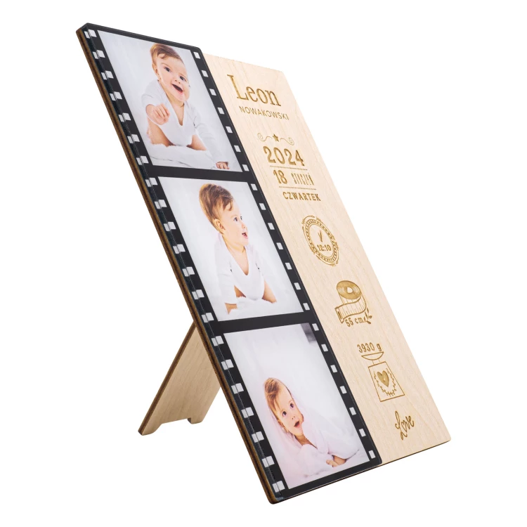 Namensschild aus Holz mit Fotos - Lasergravur - Abmessungen 150x200mm - MET011