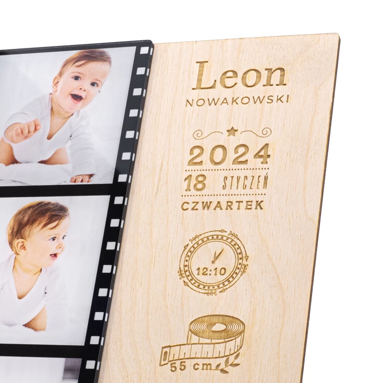 Namensschild aus Holz mit Fotos - Lasergravur - Abmessungen 150x200mm - MET011