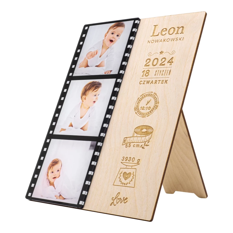 Namensschild aus Holz mit Fotos - Lasergravur - Abmessungen 150x200mm - MET011