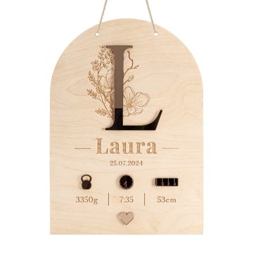 Namensschild aus Holz mit Gravur - rosa Spiegelacryl - Größe 210x290mm - MET013