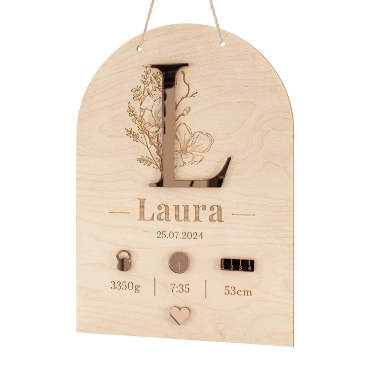Namensschild aus Holz mit Gravur - rosa Spiegelacryl - Größe 210x290mm - MET013