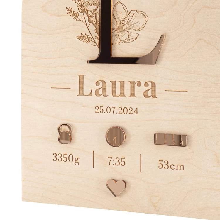 Namensschild aus Holz mit Gravur - rosa Spiegelacryl - Größe 210x290mm - MET013