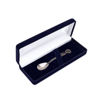 Silberner Teelöffel mit Abbildung der Jungfrau Maria in Velourschachtel mit Widmung - Taufgeschenk - SRB015