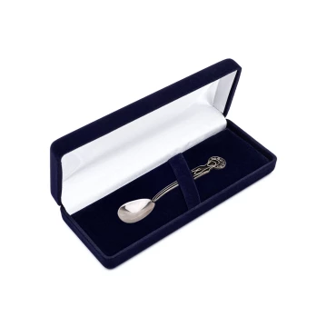 Silberner Teelöffel mit Abbildung der Jungfrau Maria in Velourschachtel mit Widmung - Taufgeschenk - SRB015