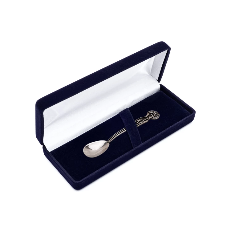 Silberner Teelöffel mit Abbildung der Jungfrau Maria in Velourschachtel mit Widmung - Taufgeschenk - SRB015