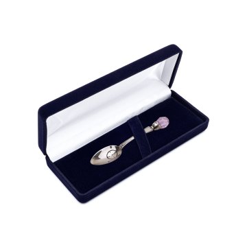 Silberlöffel mit rosa Kristall in Veloursbox mit Widmung - Taufandenken - SRB042