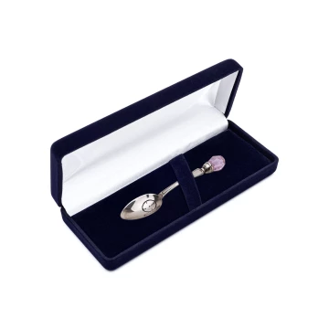 Silberlöffel mit rosa Kristall in Veloursbox mit Widmung - Taufandenken - SRB042