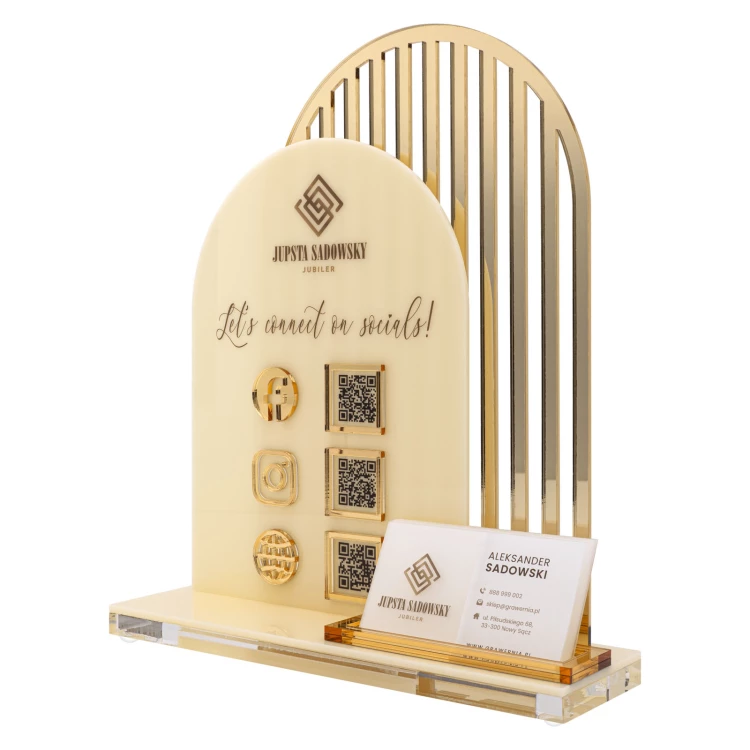 Acrylständer mit QR-Codes und Platz für Visitenkarten - H 23 cm - ST085