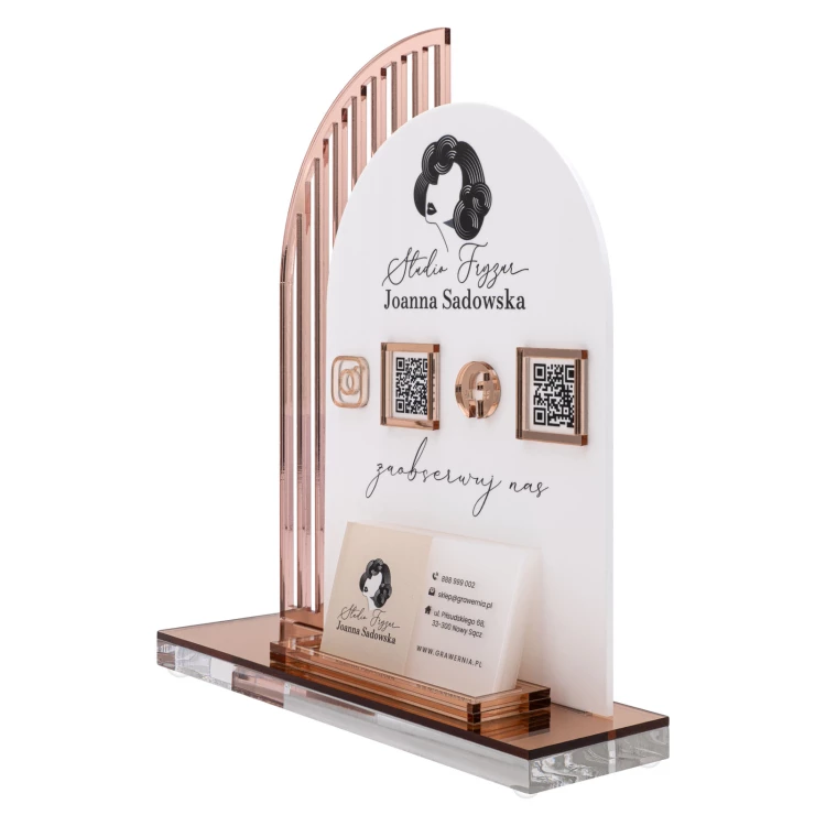 Acrylständer mit QR-Codes und Platz für Visitenkarten - H 23 cm - ST086