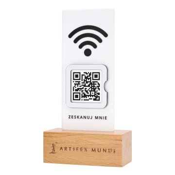 Informationsstand mit QR-Code - weißes Acryl auf Holzsockel - ST057