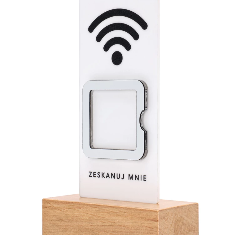 Informationsstand mit QR-Code - weißes Acryl auf Holzsockel - ST057
