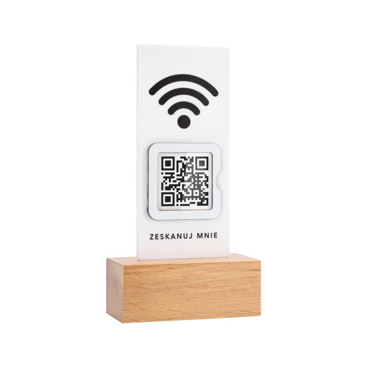 Informationsstand mit QR-Code - weißes Acryl auf Holzsockel - ST057