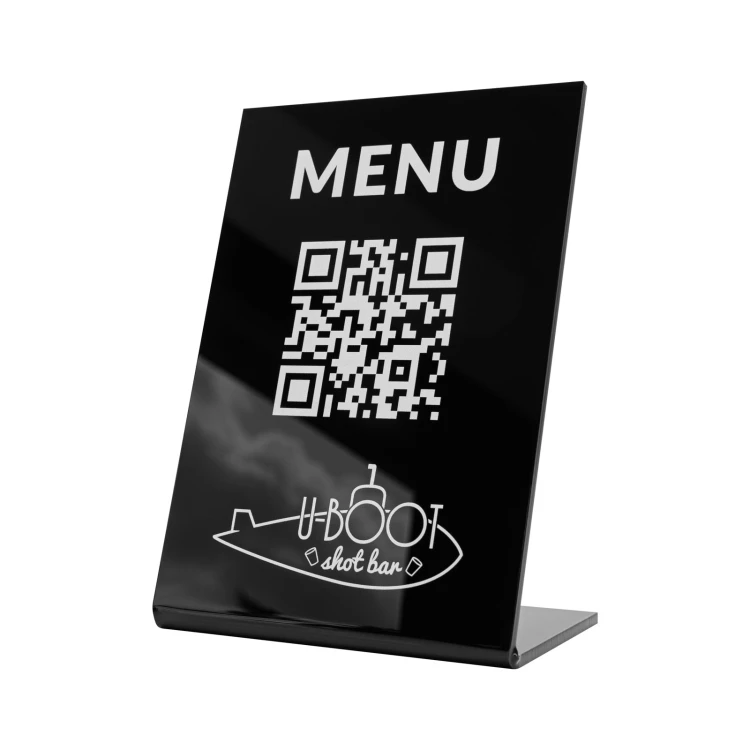 Menüständer mit QR-Code - schwarzes Acryl mit UV-Druck - Abmessungen 100x150mm - ST069