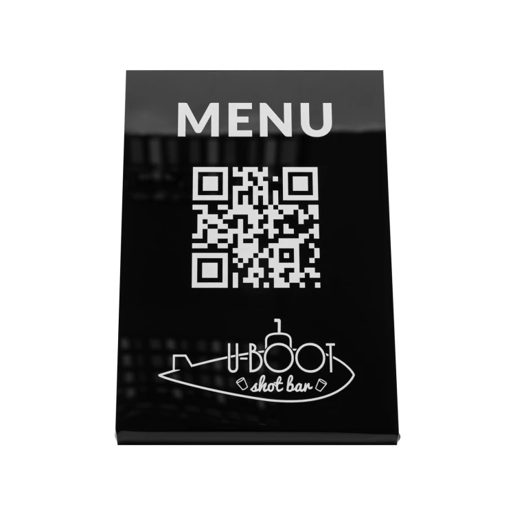 Menüständer mit QR-Code - schwarzes Acryl mit UV-Druck - Abmessungen 100x150mm - ST069