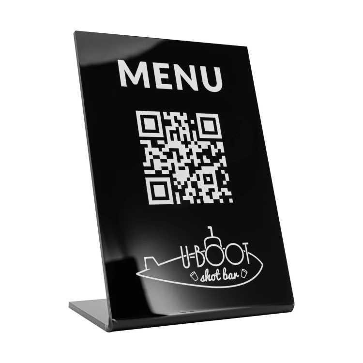 Menüständer mit QR-Code - schwarzes Acryl mit UV-Druck - Abmessungen 100x150mm - ST069