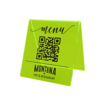 Menüständer mit QR-Code - neongrünes Acryl mit UV-Druck - Größe 90x100mm - ST072