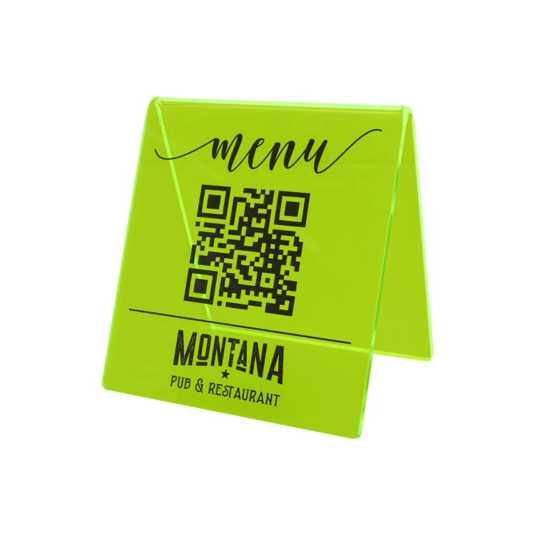 Menüständer mit QR-Code - neongrünes Acryl mit UV-Druck - Größe 90x100mm - ST072