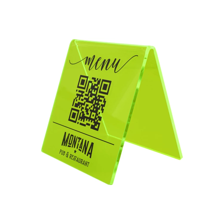 Menüständer mit QR-Code - neongrünes Acryl mit UV-Druck - Größe 90x100mm - ST072