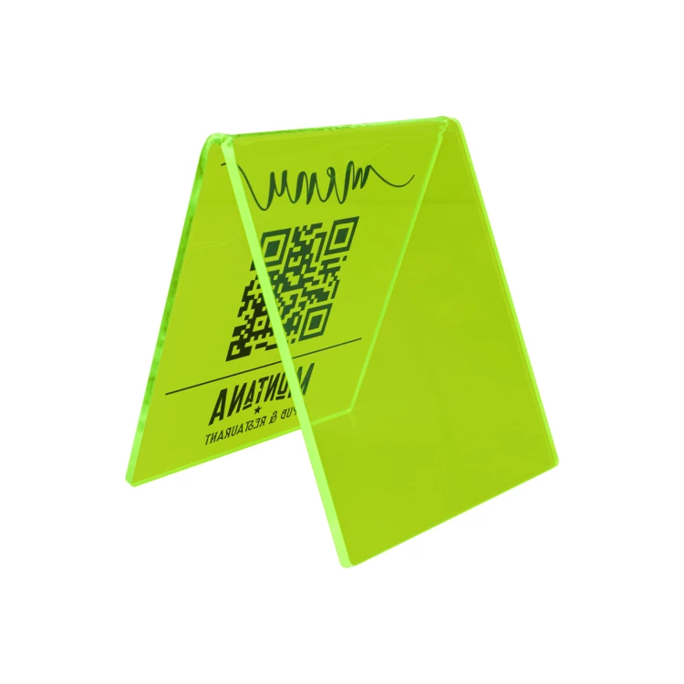 Menüständer mit QR-Code - neongrünes Acryl mit UV-Druck - Größe 90x100mm - ST072