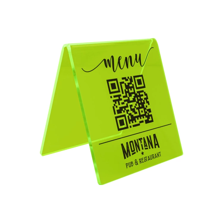Menüständer mit QR-Code - neongrünes Acryl mit UV-Druck - Größe 90x100mm - ST072