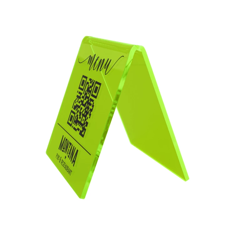 Menüständer mit QR-Code - neongrünes Acryl mit UV-Druck - Größe 90x100mm - ST072