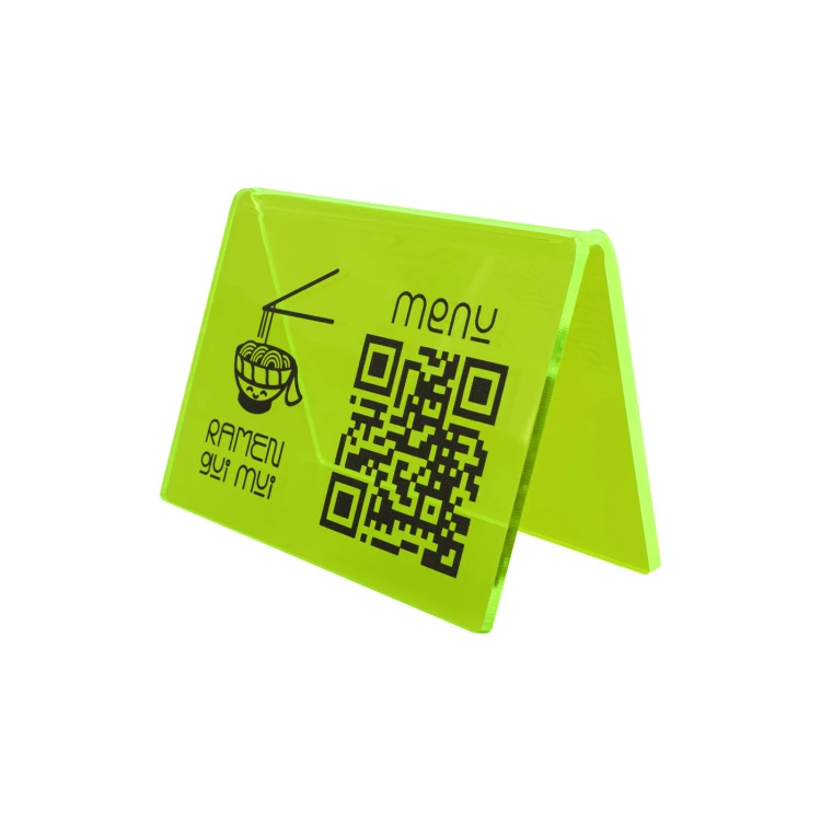 Menüständer mit QR-Code - neongrünes Acryl mit UV-Druck - Größe 100x70mm - ST073