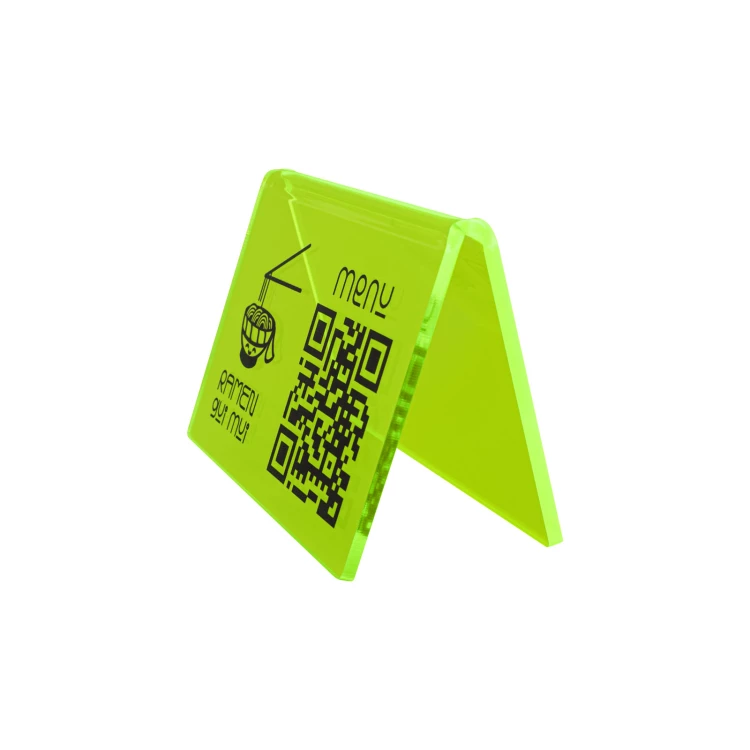 Menüständer mit QR-Code - neongrünes Acryl mit UV-Druck - Größe 100x70mm - ST073
