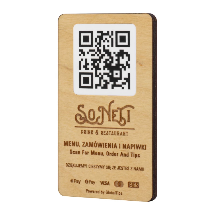 Plakette/Menükarte mit austauschbarem QR-Code und Firmenlogo - Größe 120x70 mm - TAB682