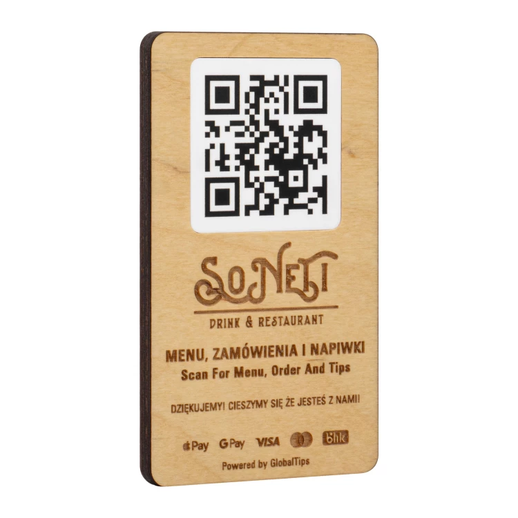 Plakette/Menükarte mit austauschbarem QR-Code und Firmenlogo - Größe 120x70 mm - TAB682